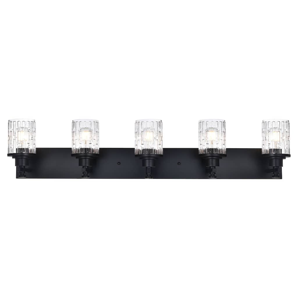 5 Light Bathroom Lighting, Modern Black Vanity Light Fixture Over Mirror, Industrial Fixture with Clear Grid Glass