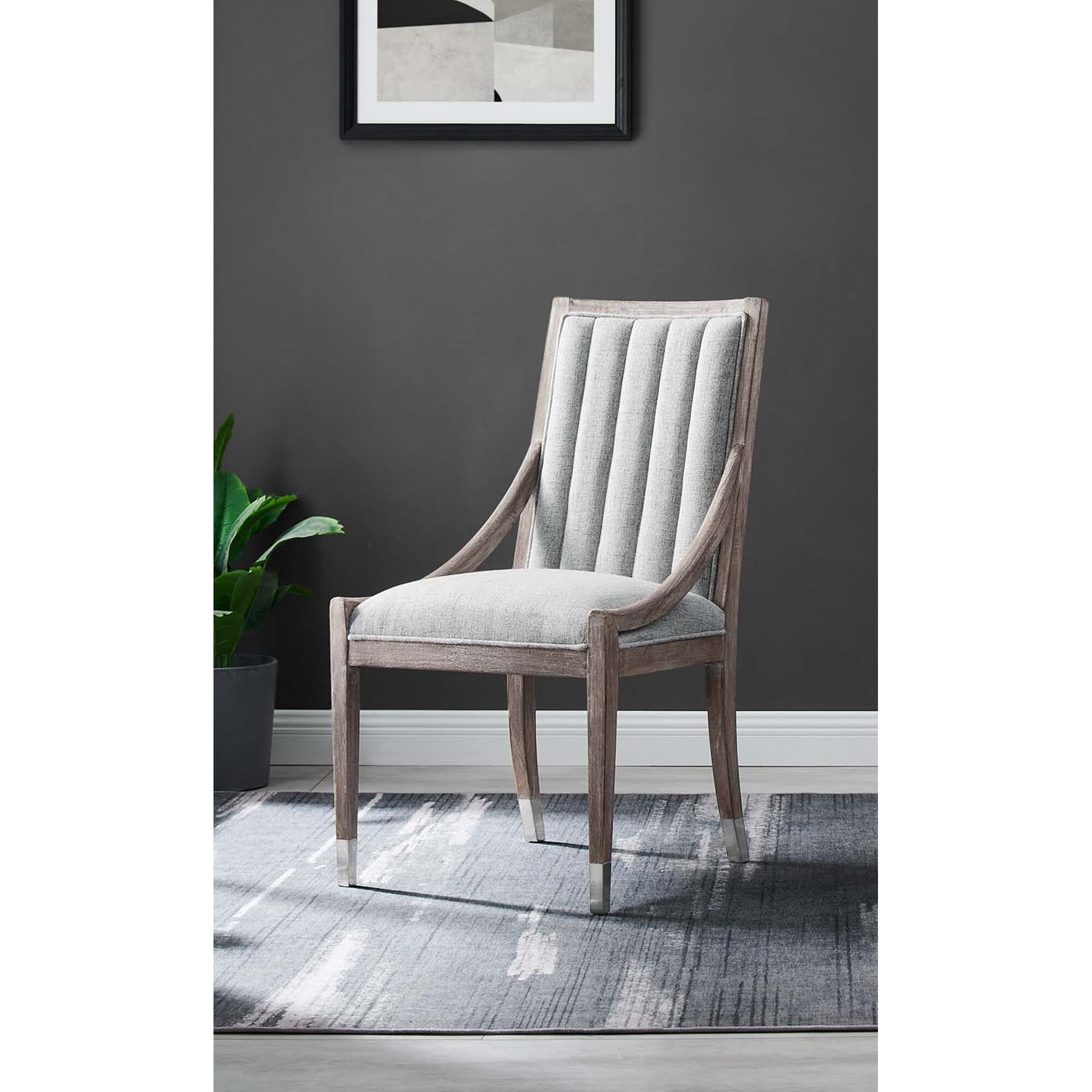 Yates French Rustic Style Light Grey Fabric Upholstered Channel Tufted Dining Armchair