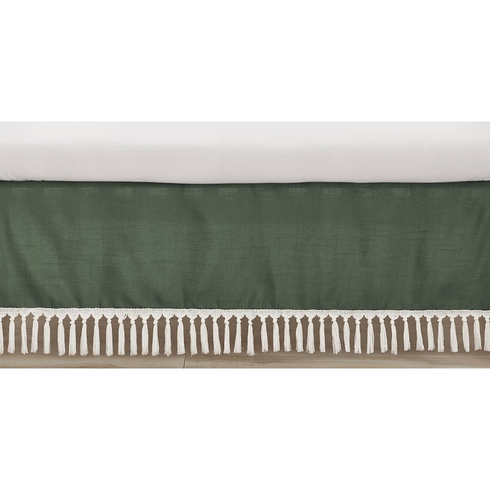 Dark Green Boho Chic Girl Boy Unisex Crib Bed Skirt Solid Sage Hunter Ivory Bohemian Linen Macrame Modern Farmhouse Minimalist