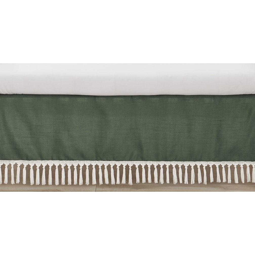 Dark Green Boho Chic Girl Boy Unisex Crib Bed Skirt Solid Sage Hunter Ivory Bohemian Linen Macrame Modern Farmhouse Minimalist