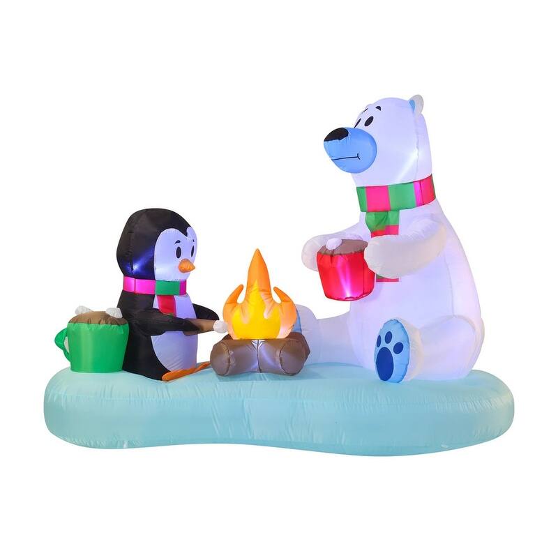 6 FT Long Christmas Inflatable Polar Bear and Penguin with Campfire Decoration, Blow Up Inflatable with Build-in LEDs - White