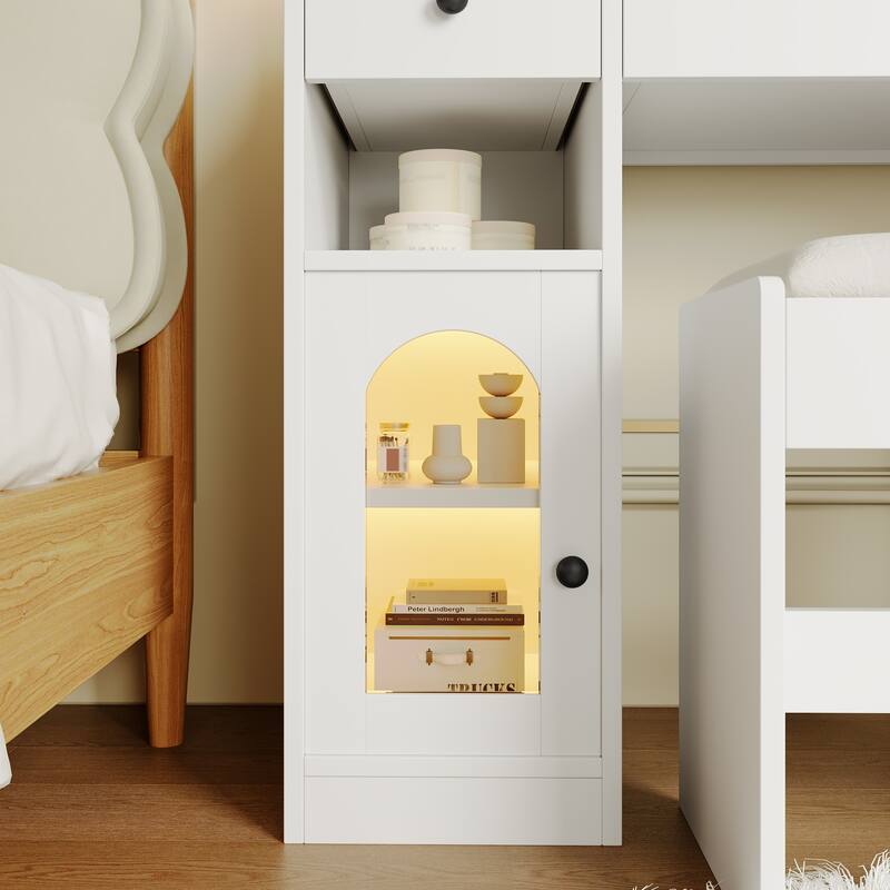43.2" Vanity Desk with LED Mirror and Lights, Dressing Table with 5 Drawers ,Storage Shelves and Stool for Bedroom, White