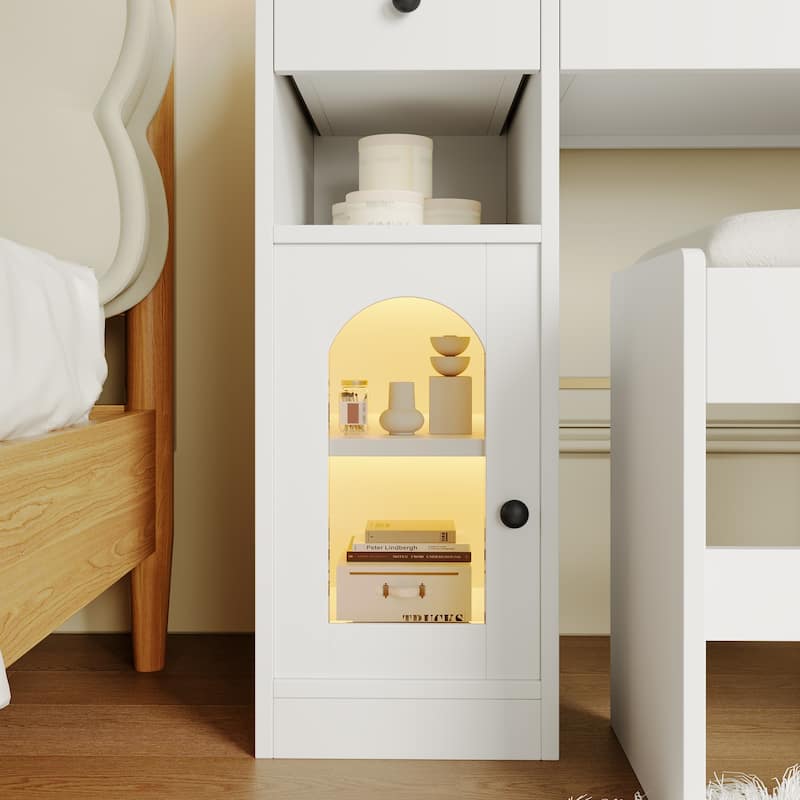 43.2" Vanity Desk with LED Mirror and Lights, Dressing Table with 5 Drawers ,Storage Shelves and Stool