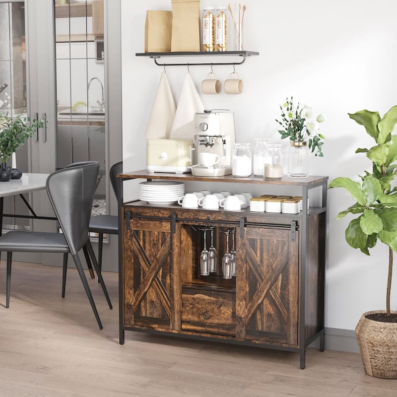 Industrial Sideboard Buffet Cabinet, Kitchen Cabinet with Sliding Barn Doors, Coffee Bar Cabinet with Stemware Racks