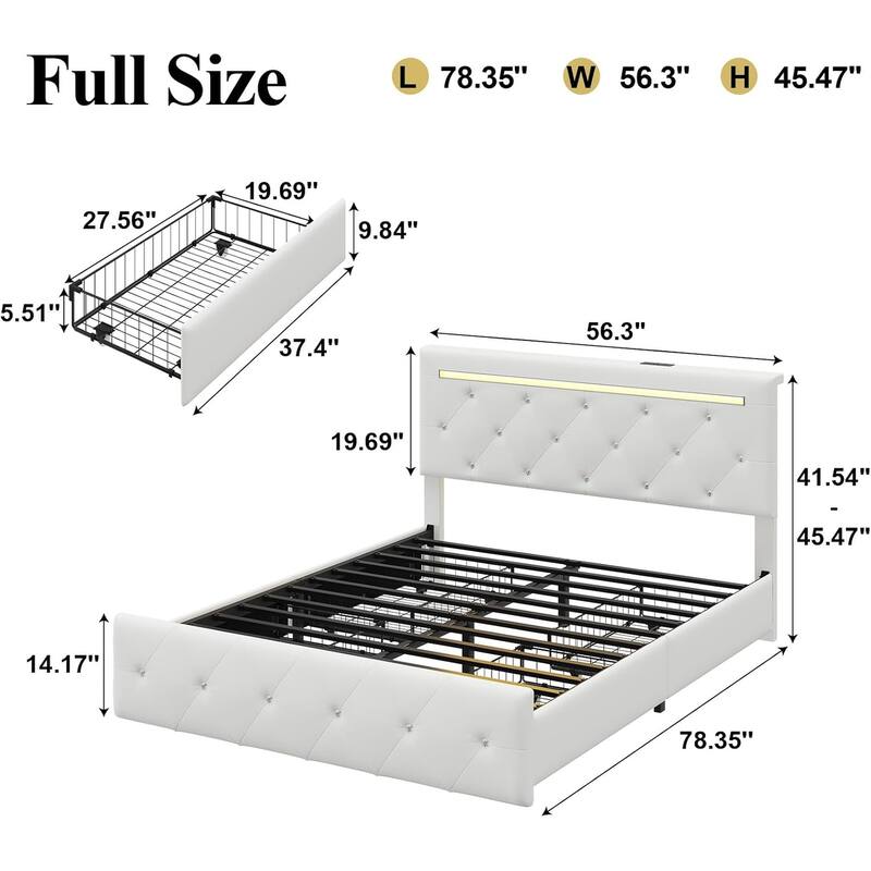Full Size Bed Frame with LED Light and Storage Drawers, PU Upholstered Bed Frame with Adjustable Headboard, Charging Station