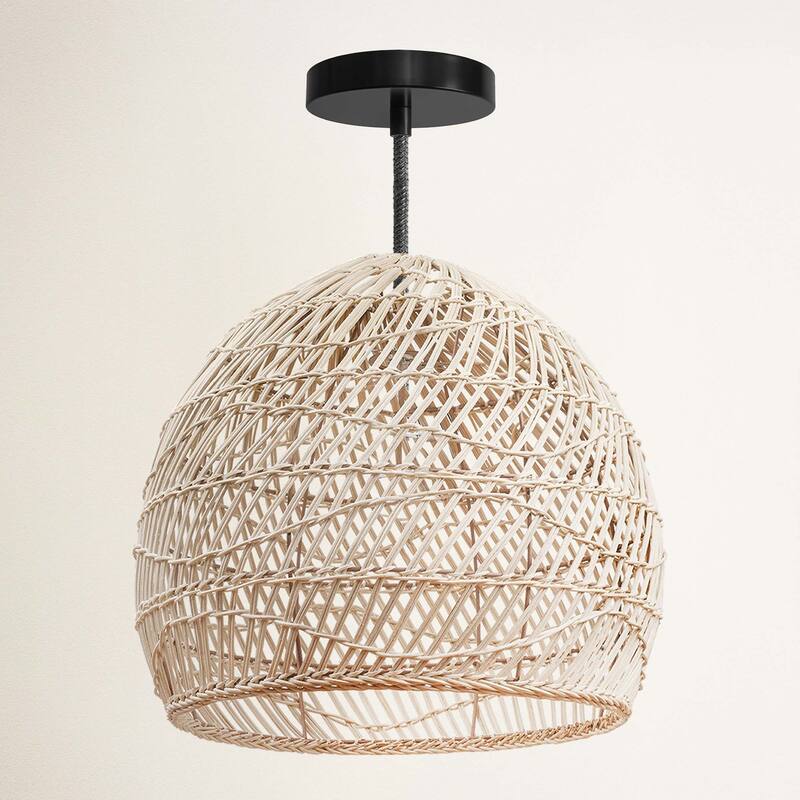 Santana Rattan Pendant Light - Natural Dome 1-Light Handwoven Light Fixture For Modern, Contemporary, Farmhouse Room Decor - 14" - 48" Hardwire Black