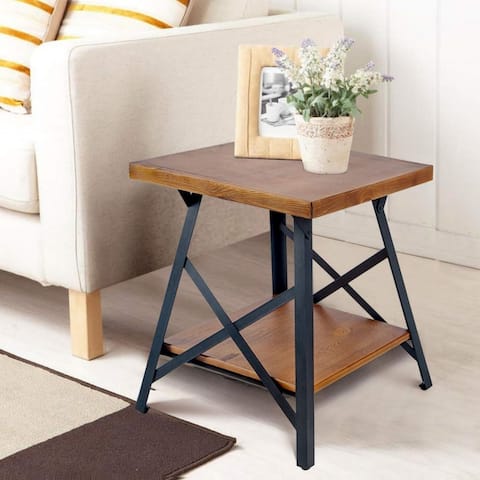 Industrial End Table with Solid Wood Top, Metal Base