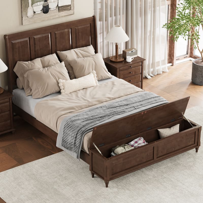GDFStudio - Traditional Solid Wood Sleigh Bed Frame with High Paneled Headboard & Storage Chest Bench, No Box Spring Needed