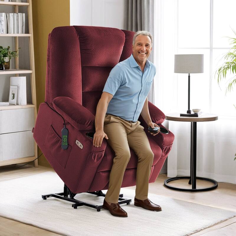 MCombo Large Electric Power Lift Recliner Chair with Massage and Heat for Elderly, Fabric 7549 - Burgundy