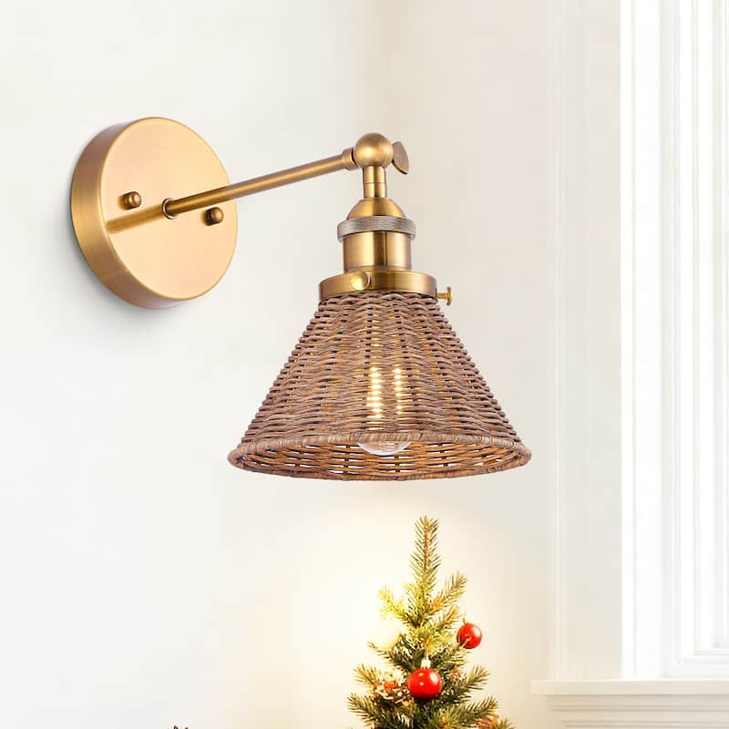 1-Light Farmhouse Brown Rattan Gold Brass Wall Swing Arm Lamp Wall Sconce