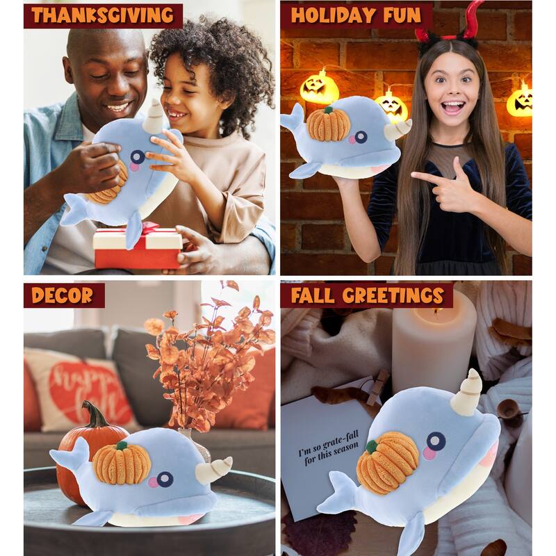 DolliBu Baby Soft Blue Narwhal Stuffed Animal with Pumpkin Decor - 11.75 inches