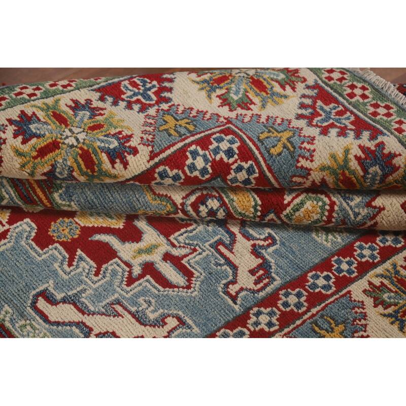Light Blue Geometric Kazak Area Rug Hand-Knotted Wool Carpet - 4'10" x 6'7"