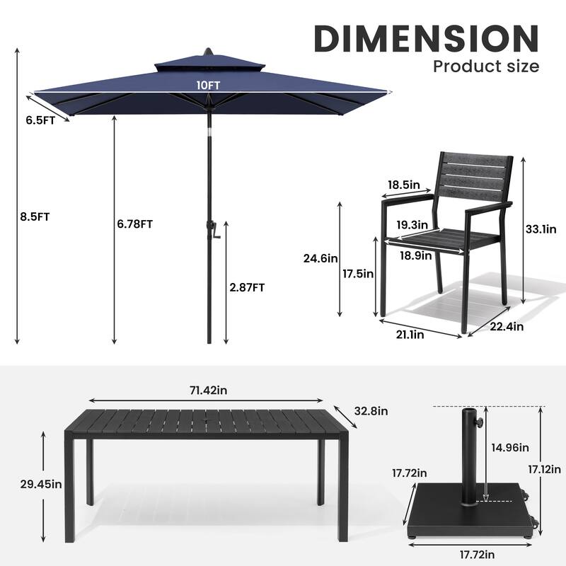9/11-Piece Patio Dining Set Aluminum Dining Table and Chairs w/10 ft Market Umbrella and Base with Wheels