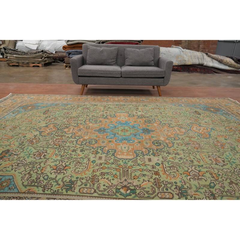 Hand Knotted Oriental 100% Wool Carpet Traditional Floral Green Tabriz Area Rug - 12' 2'' X 9' 4''