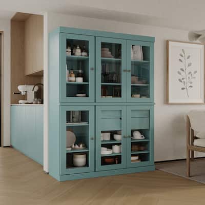 100% Solid Wood 48.5" Pantry China Cabinet with Clear Glass Doors and 2-Drawers