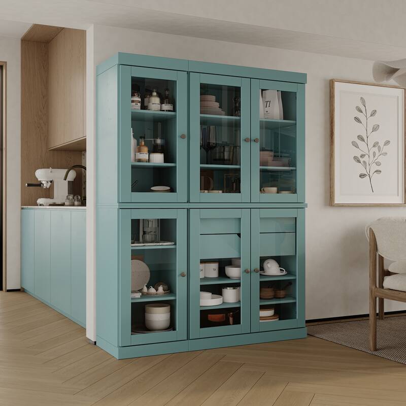 Palace Imports 100% Solid Wood 48.5" Pantry China Cabinet with Clear Glass Doors, 2-Drawers and Adjustable Shelves - Aqua