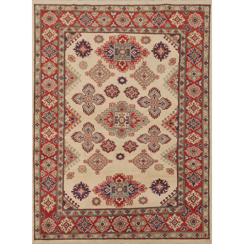 Geometric Kazak Area Rug Handmade Beige Oriental Wool Carpet - 5'0" x 6'8"