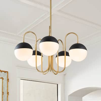 5-Light Mid-century Opal Glass Swan-neck Chandelier