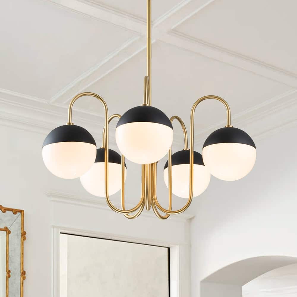 5-Light Mid-century Opal Glass Swan-neck Chandelier