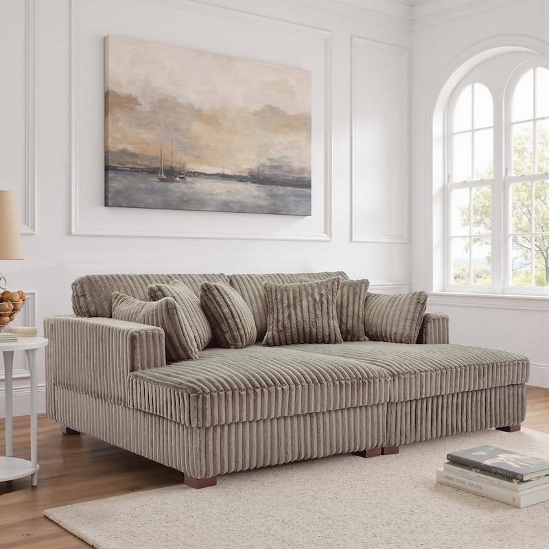 Sophia 84" W Plush Corduroy Chaise Lounge Modular Sectional Sofa - Light Brown&4 Pillows