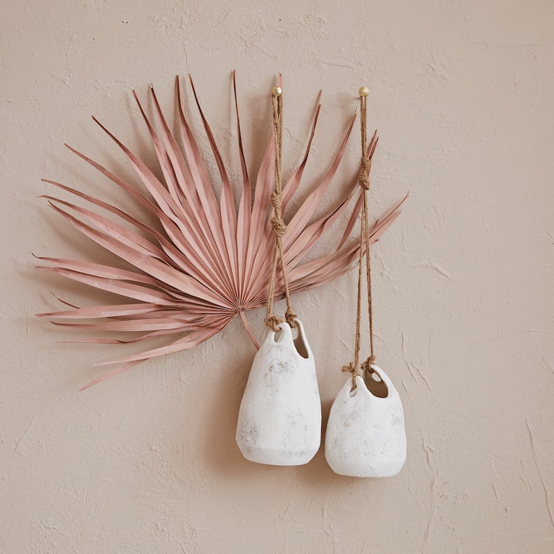 Hanging Stoneware Planter with Jute Rope Hanger and Distressed Finish