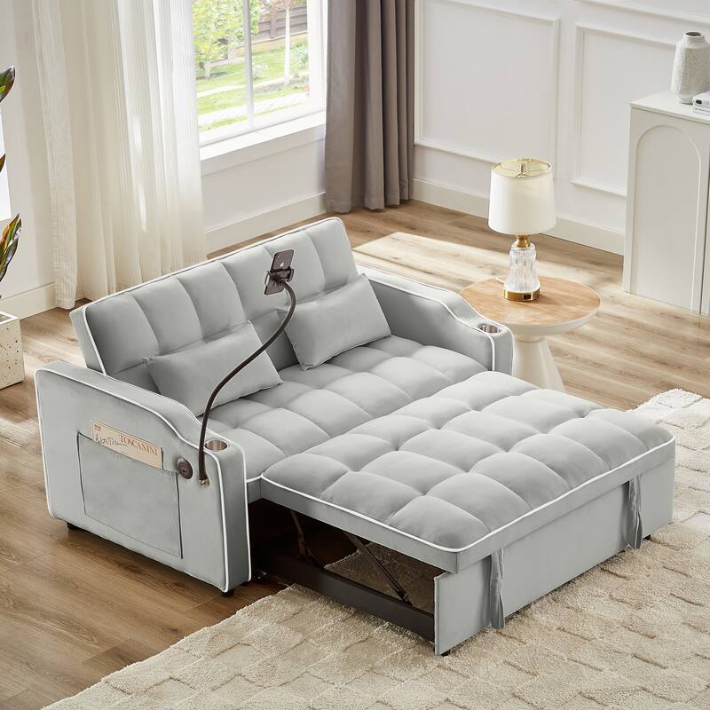 Convertible Sofa Bed with Adjustable Back, USB Charger, and Pillows for Living Room or Office