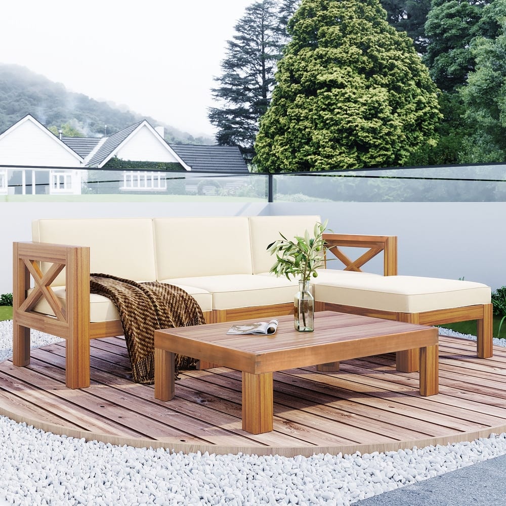 5 Piece Outdoor Patio Furniture Set, All Weather Outdoor Conversation Set, Wooden Sectional Sofa Set with Coffee Table