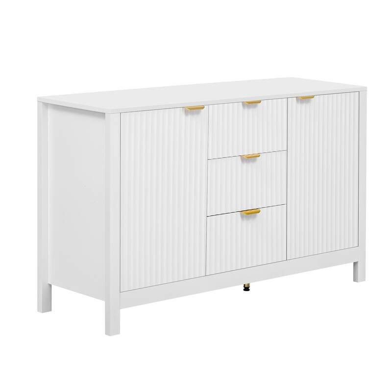 Cupboard with 2 Dimensional Relief Striping Doors and Adjustable Shelves, Entryway Cabinets with Metal Handles and 3 Drawers