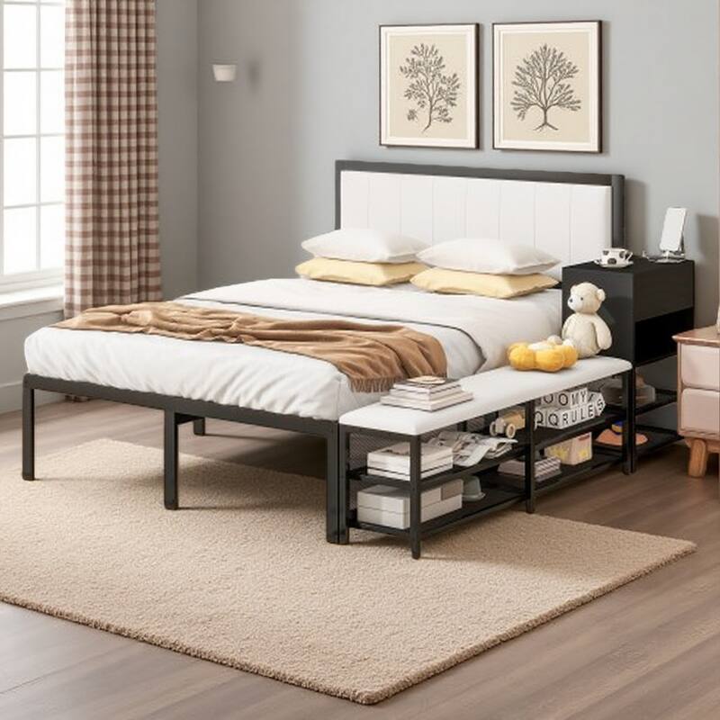 Full-Size Upholstered Metal Platform Bed with Dual Storage Shelves, Wooden Cabinet, and Cushioned Footrest - Full Black - Full