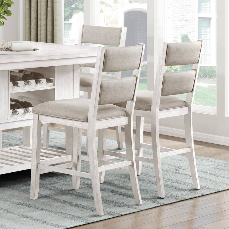7pc Counter Height Dining Set Antique White Finish Table with Storage Drawers Wine-Rack Shelves 6x Chairs