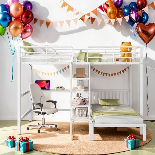 slide 2 of 9, Full Over Twin Bunk Bed With Built-in Desk,Shelves And Ladder for Bedroom White