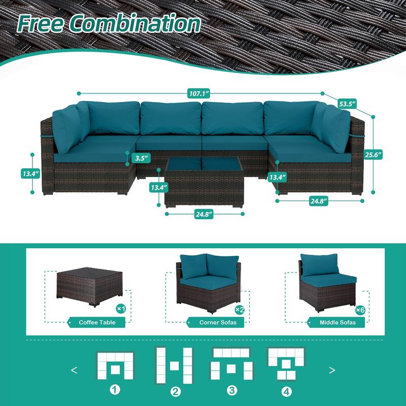 UPHA 7-piece Outdoor Rattan Wicker Patio Furniture Conversation Set with Coffee Table and Cushions