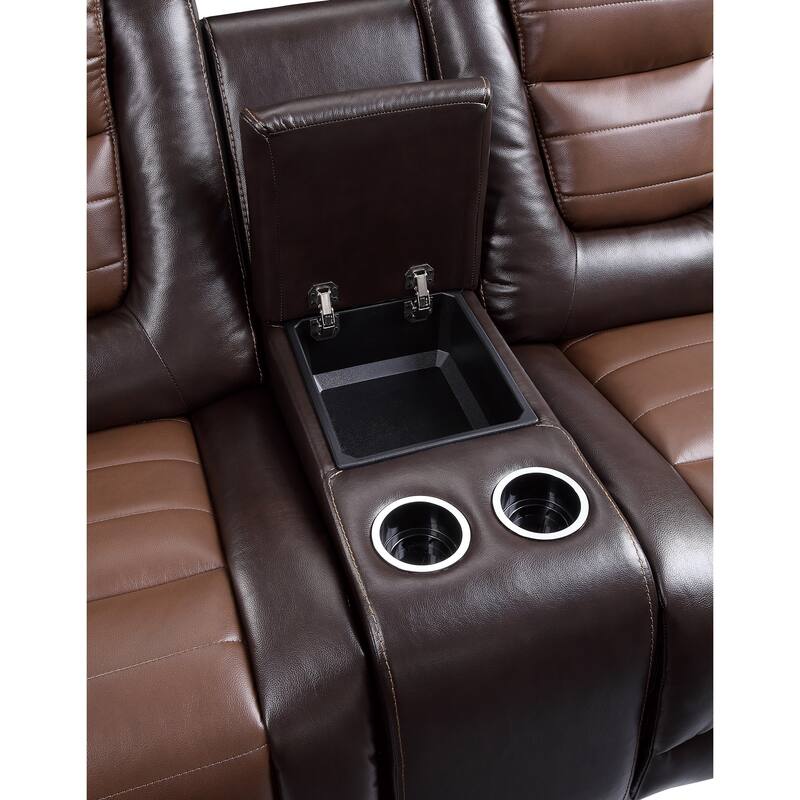 Istro 76 Inch Dual Manual Recliner Loveseat, Console, Brown Faux Leather