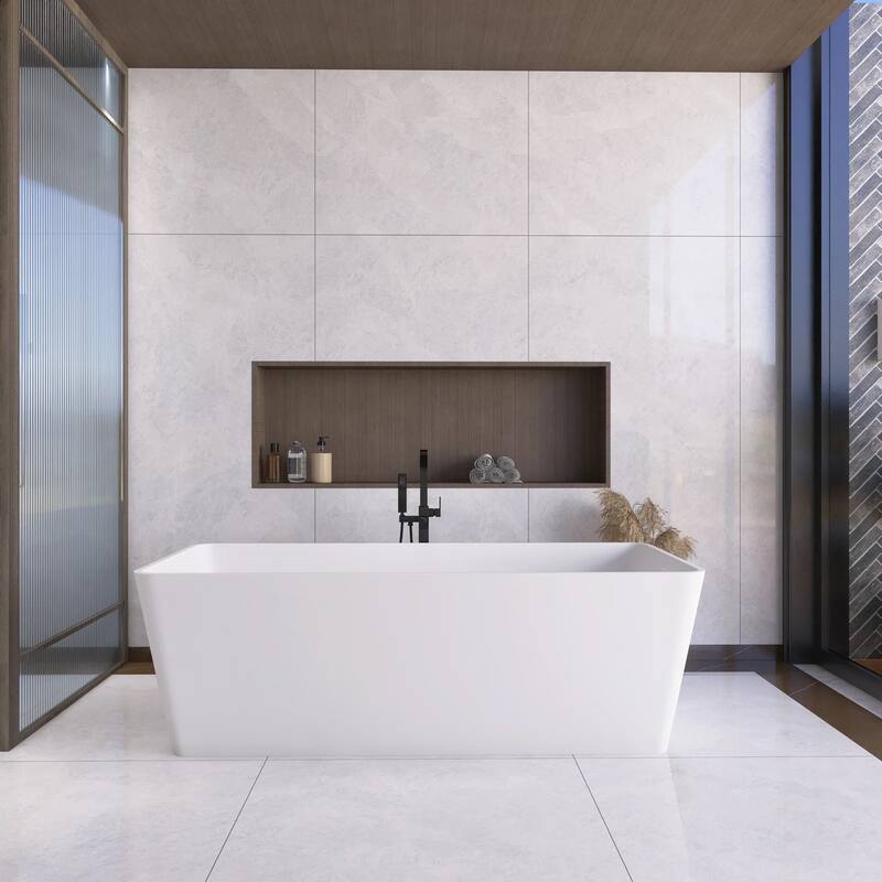 67 Inch Solid Surface Freestanding Soaking Bathtub in Matte White - Matte White