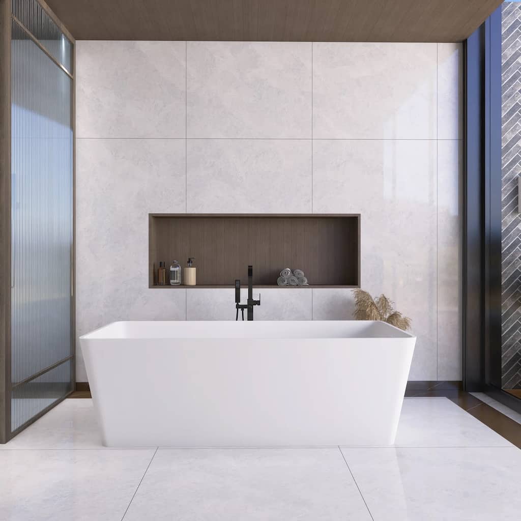 67 Inch Solid Surface Freestanding Soaking Bathtub in Matte White