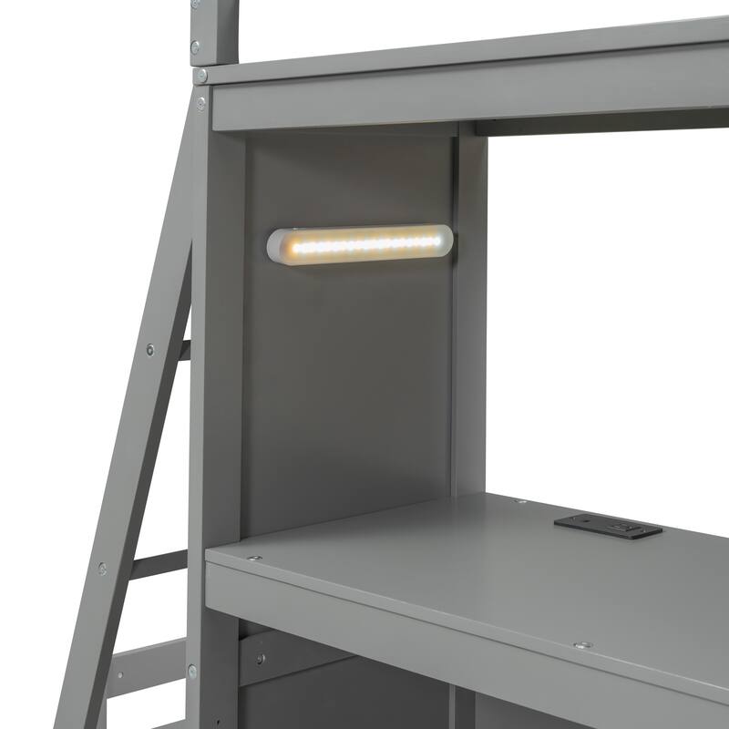 Gray Twin Over Twin Bunk Bed with LED Light, USB Ports, and Storage