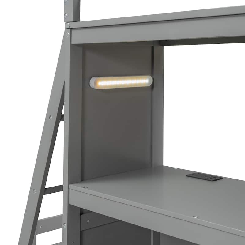 Twin Over Twin Bunk Bed with Desk, Drawers, LED Light, USB Ports and Storage Shelves