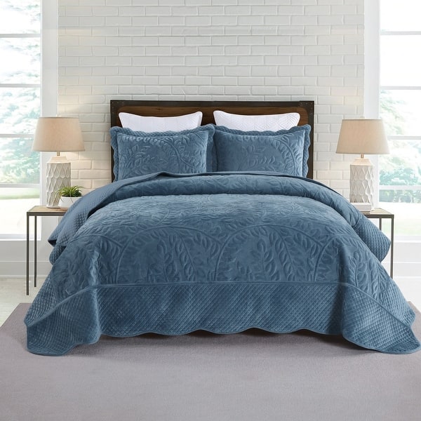 MarCielo Velvet Oversized Solid Embroidery Quilted Quilt Set - Elegant Blue - King