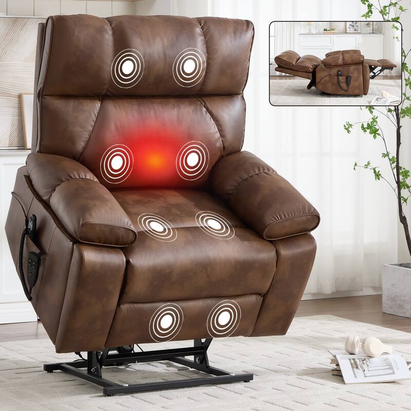 Leatheraire Heat Massage Dual Motor Infinite Position Up to 350 LBS Large Electric Power Lift Recliners with Hidden Cup Holders