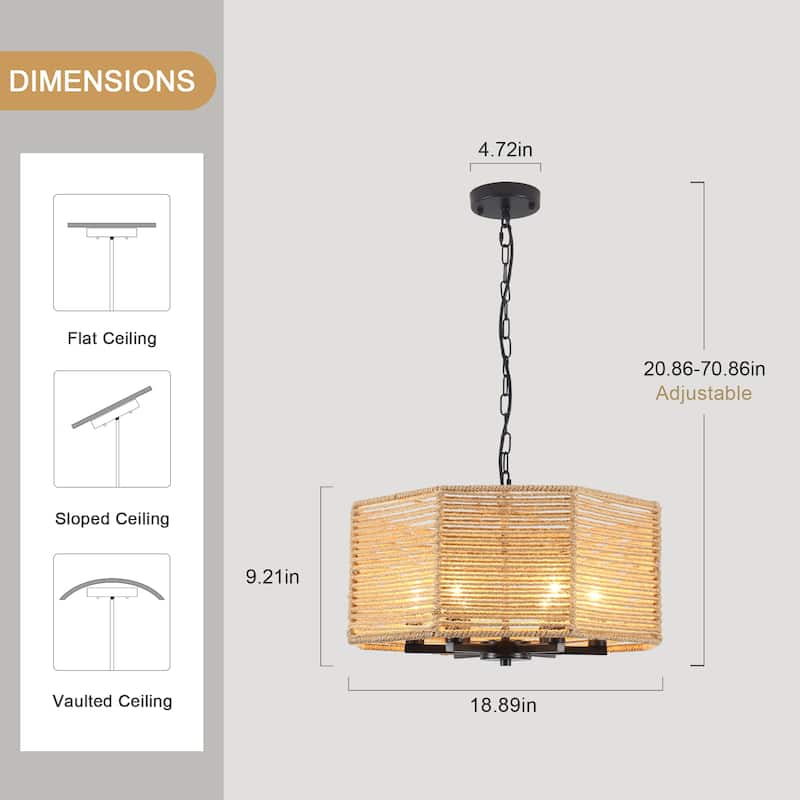 18.89-inch Bohemian-style 6-light octagonal metal chandelier with twine lampshades and adjustable height