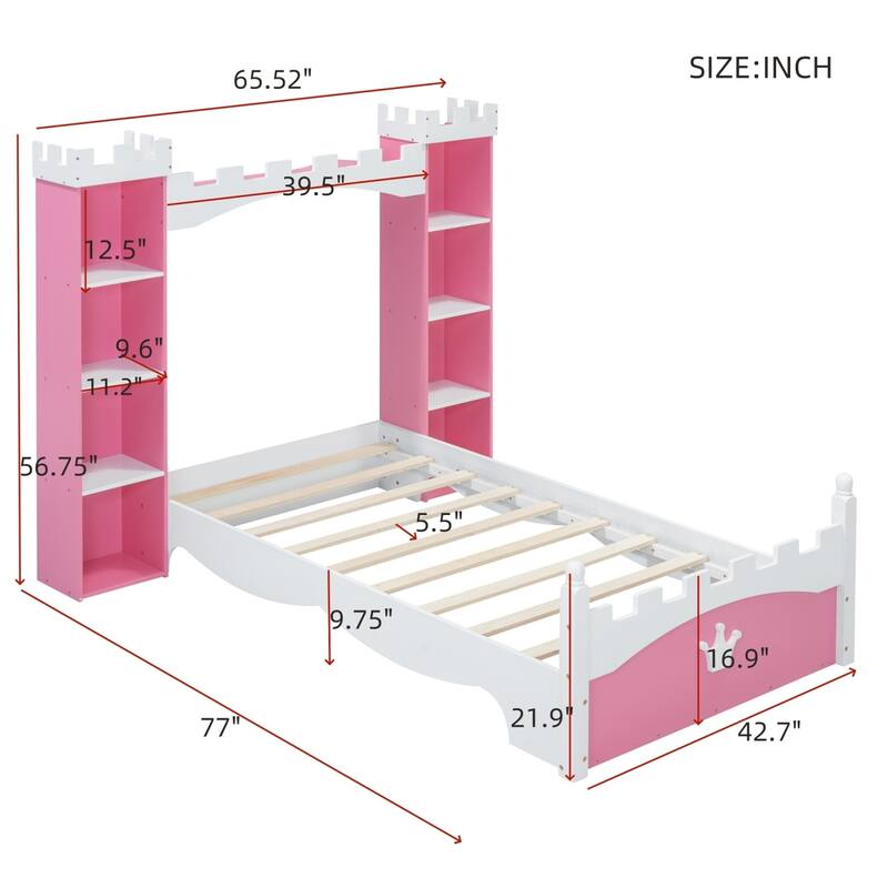 Twin Size Castle-Shaped Kids Platform Bed Frame with Storage Shelf, Wood Princess Storage Bed