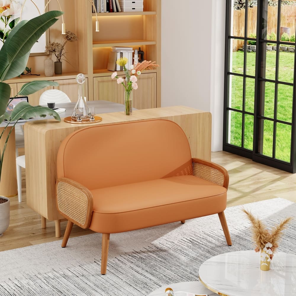 Loveseat Sofa Small Couch for Living Room, Faux Leather Mini Couch Love Seat with Natural Rattan Armrest and Solid Wooden Legs