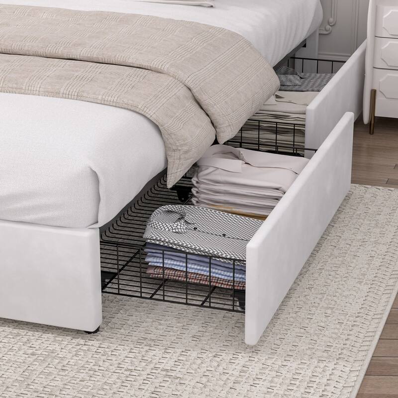 VECELO Bed Frame with 4 Storage Drawers Upholstered Platform Bedframe with Adjustable Headboard