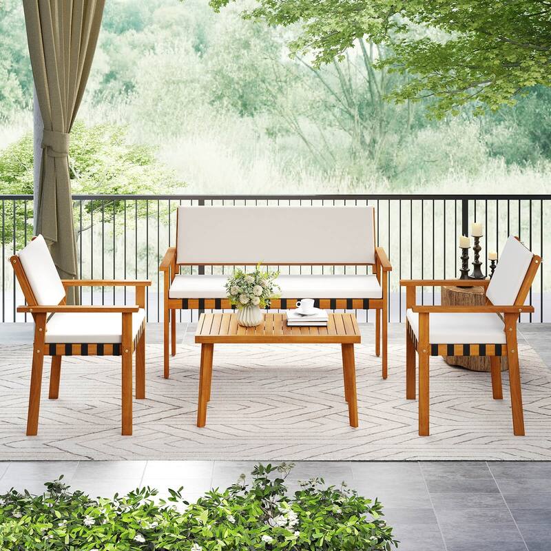 Costway 4 PCS Wood Furniture Set with Coffee Table Seat Back Cushions - See Details