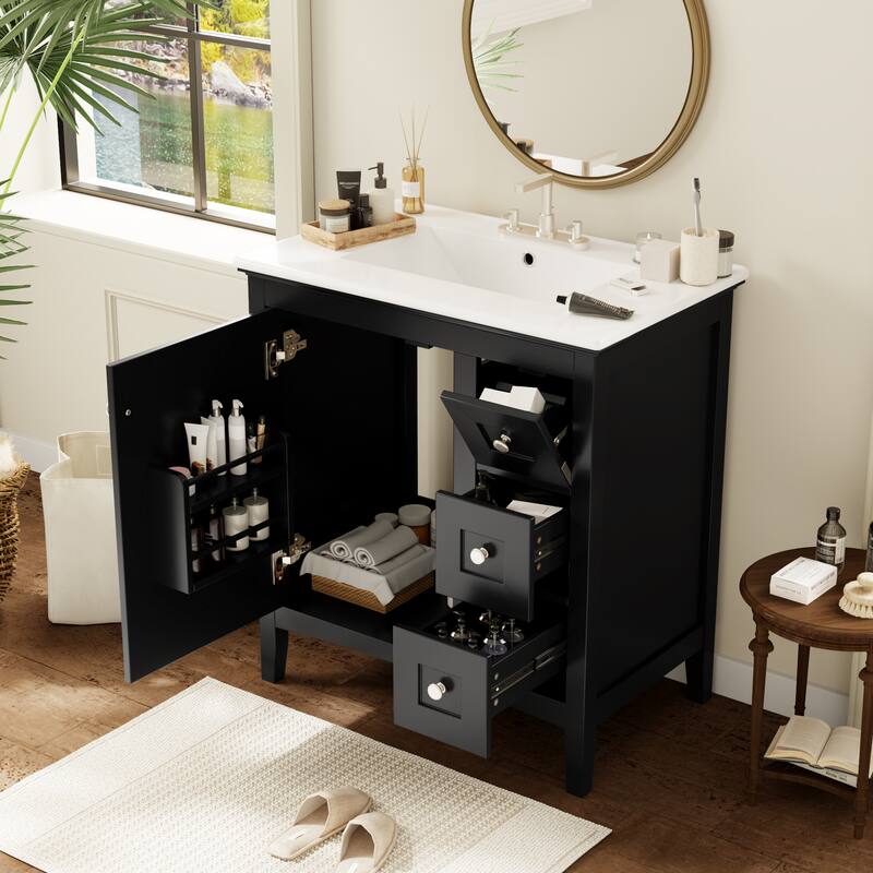 Modern Simple Bathroom Cabinet Freestanding Bathroom Vanity with Ceramic Sink, Tip-out Drawer, 2 Drawers and Side Door Organizer