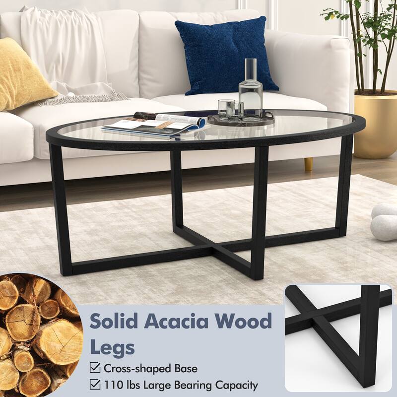 Gymax Modern Glass Coffee Table w/ Cross Base & Acacia Wood Legs for