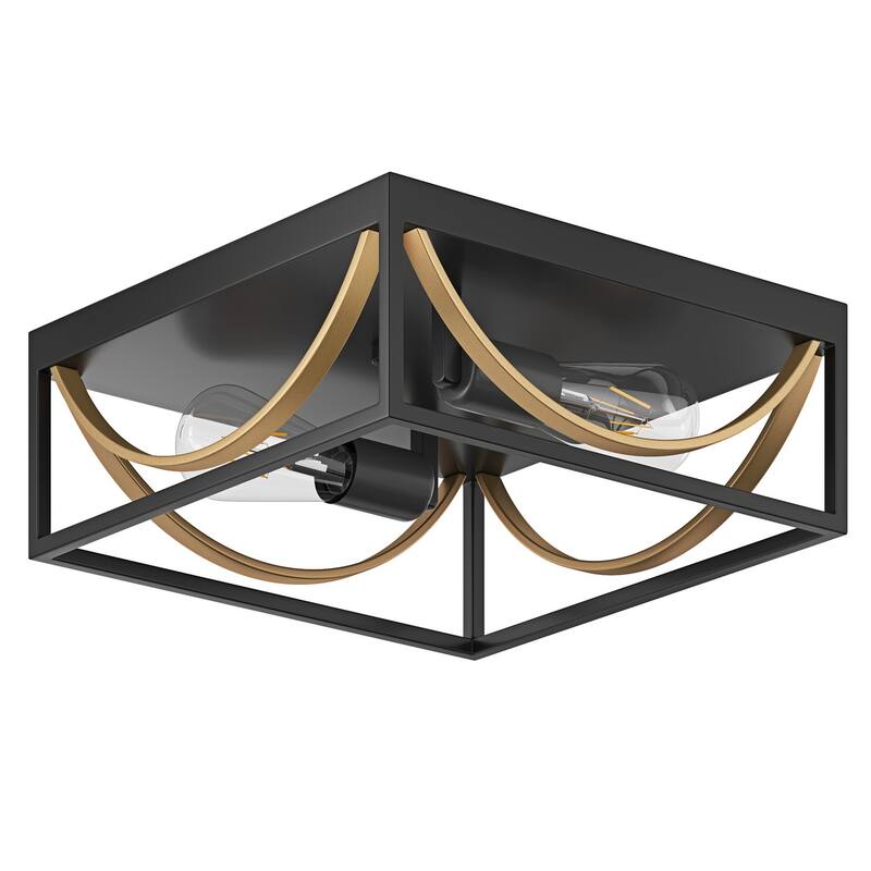 Farmhouse 2-Light Black & Gold Square Flush Mount Ceiling Light Fixture