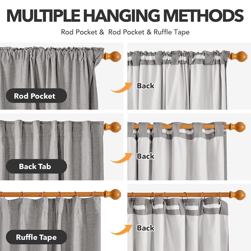 Living Room Curtains Back Tab Rod Pocket Faux Linen Blackout 2 Panels
