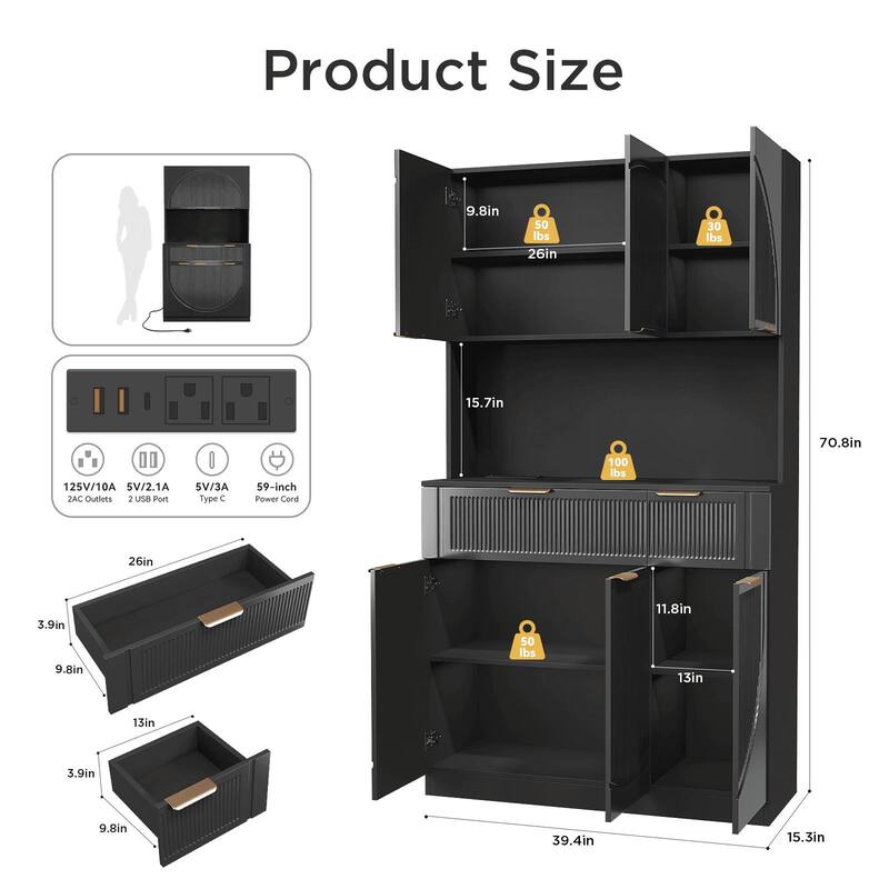 Fluted Kitchen Pantry Storage Cabinet with Microwave Stand, Outlets, Ample Space for Small Kitchens, Apartments & Home Offices