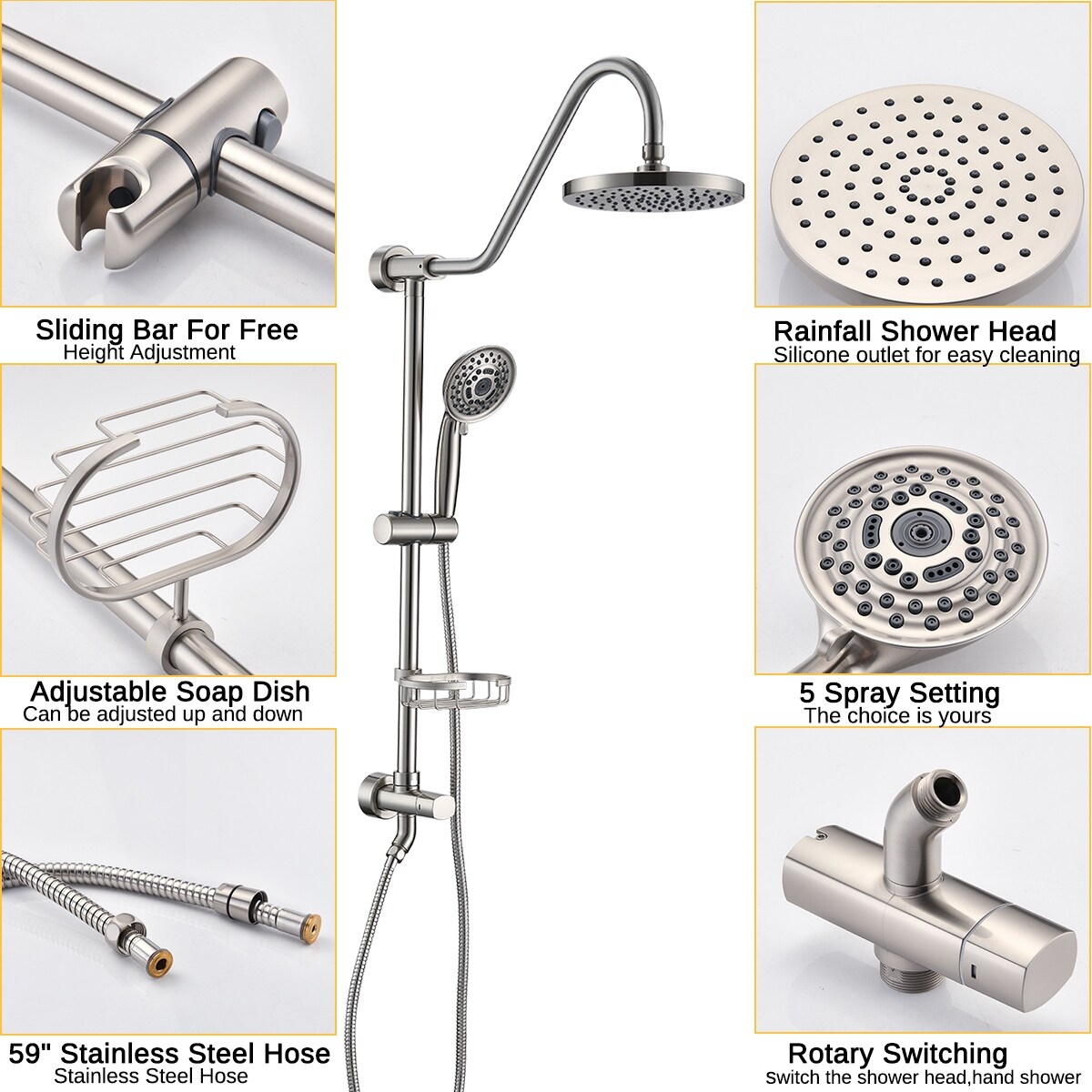 PROOX 5-Spray 8 in. Round Shower System Kit with Hand Shower and Adjustable Slide Bar Soap Dish in Brushed Nickel AE103BN
